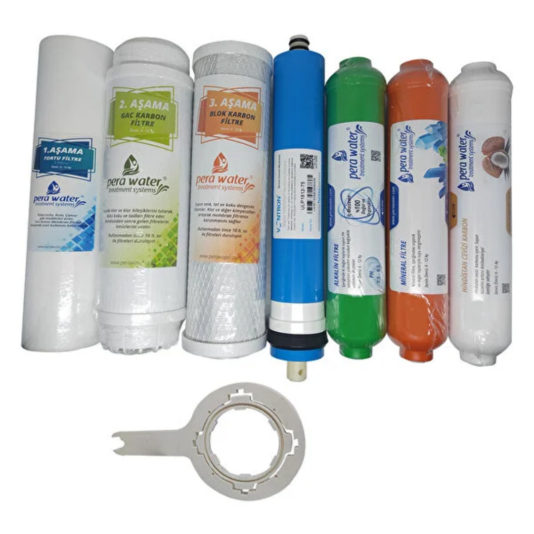 Adsiz-tasarim-38.png Pera Water Açık Kasa Su Arıtma Cihazlarına Uygun Vontron 75 Gpd Mebranlı 7'li Alkali + Mineral Filtre Seti Açma Anahtarı Hediyeli - Görsel 1