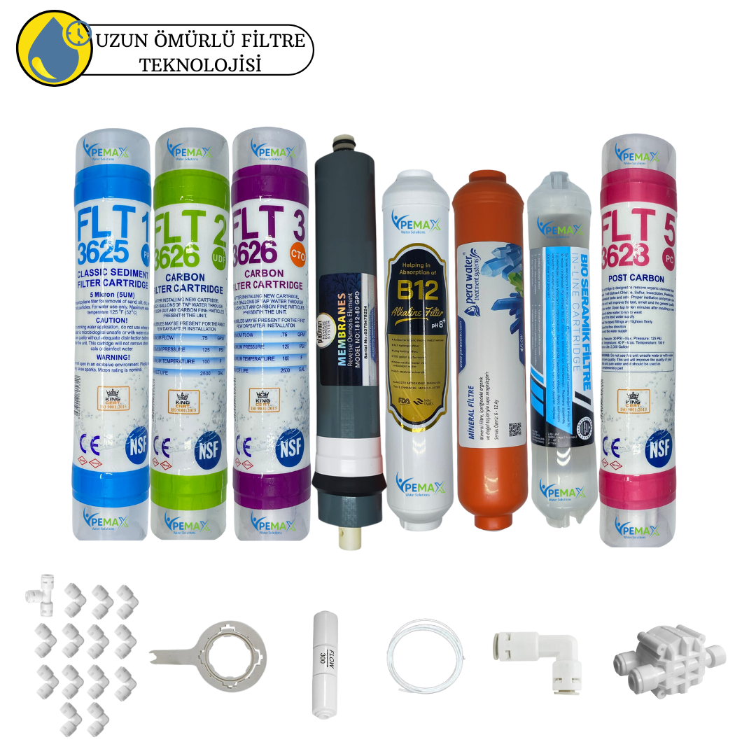 km0137 Pemax Water Solutions Kapalı Kasa Su Arıtma Cihazlarına uygun Sertifikalı 8 Lİ Platinium mebranlı 12 inç tatlandırıcılı+ B12 Alkali+mineral+detoxset ekipmanları - Görsel 1