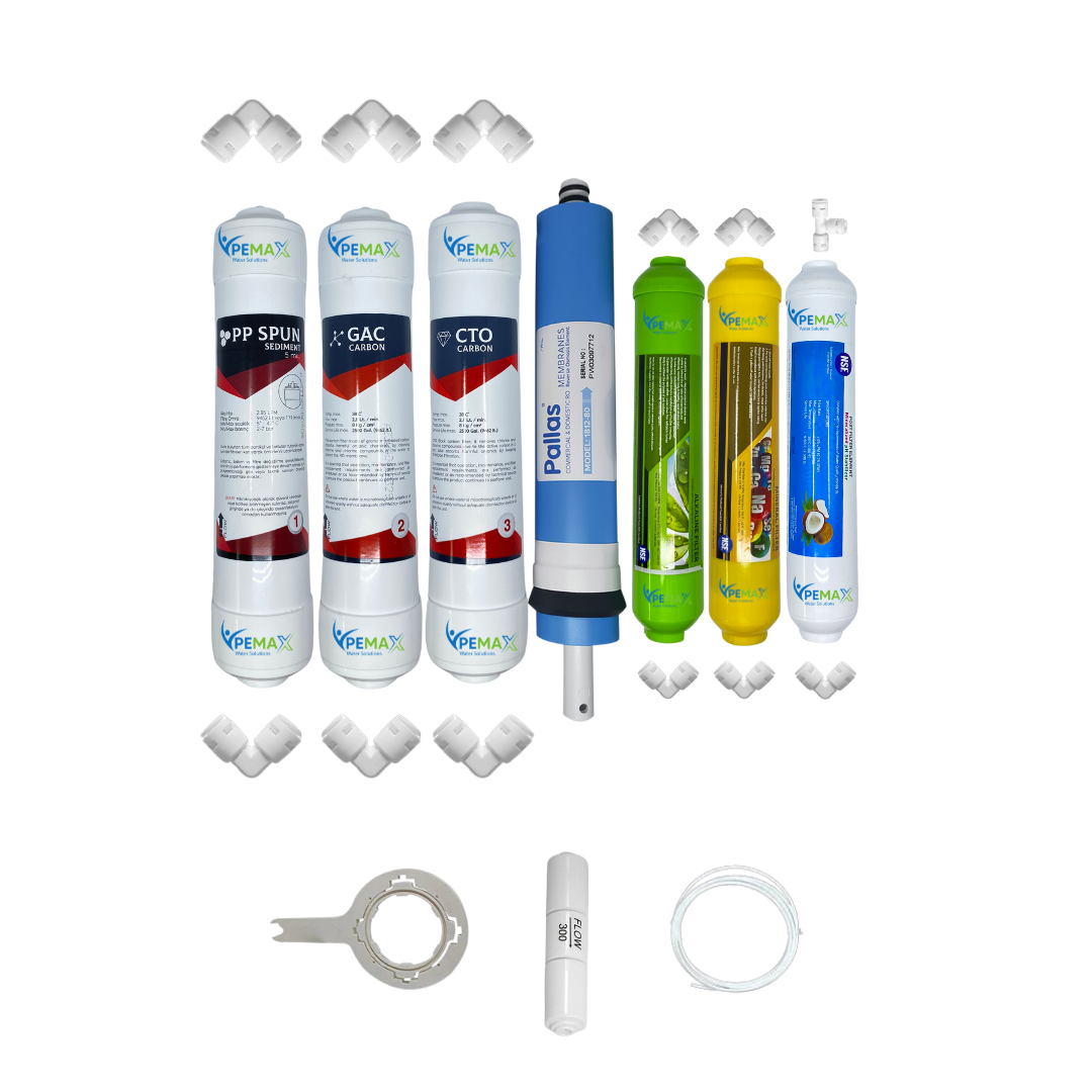 km0283 Pemax Water Solutions Kapalı Kasa Su Arıtma Cihazlarına uygun Ecomax 7 li Pallas mebranlı Alkali+mineral+tatlandırıcılı set ve ekipmanları - Görsel 1