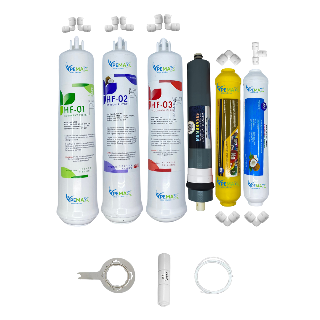 km0340 Pemax Water Solutions Kapalı Kasa Su Arıtma Cihazlarına uygun HFT 6 li Platinium mebranlı Mineral+tatlandırıcılı set ve ekipmanları - Görsel 1